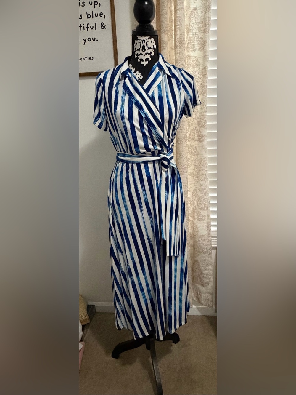 Halston Heritage Blue and White Striped Midi Wrap Dress